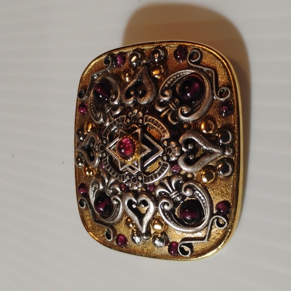 Michal Golan VTG gold and silver tone ornate brooch with garnet cabochons - Picture 2 of 7